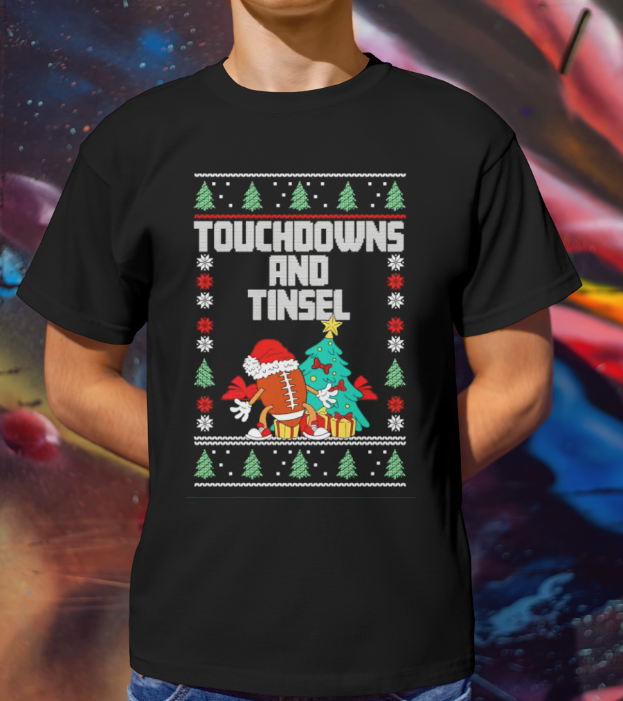 Touchdowns And Tinsel Christmas Football Santa With Tree And Gifts T-Shirt