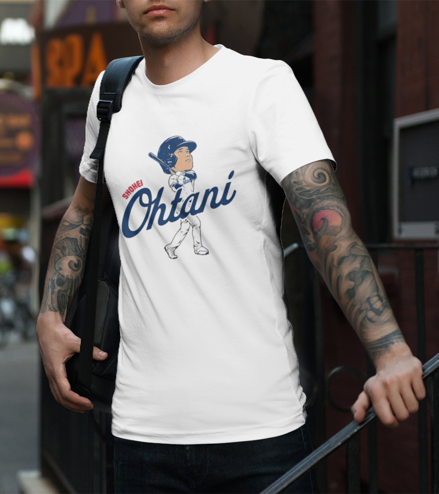 Shohei Ohtani Baseball Caricature With Blue Helmet And Batting Pose T-Shirt