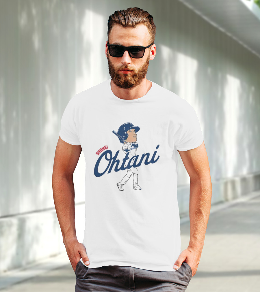 Shohei Ohtani Baseball Caricature With Blue Helmet And Batting Pose T-Shirt