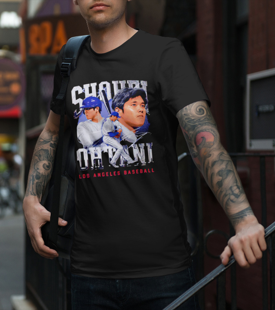 Shohei Ohtani Los Angeles Baseball Player Portrait And Action Scene T-Shirt