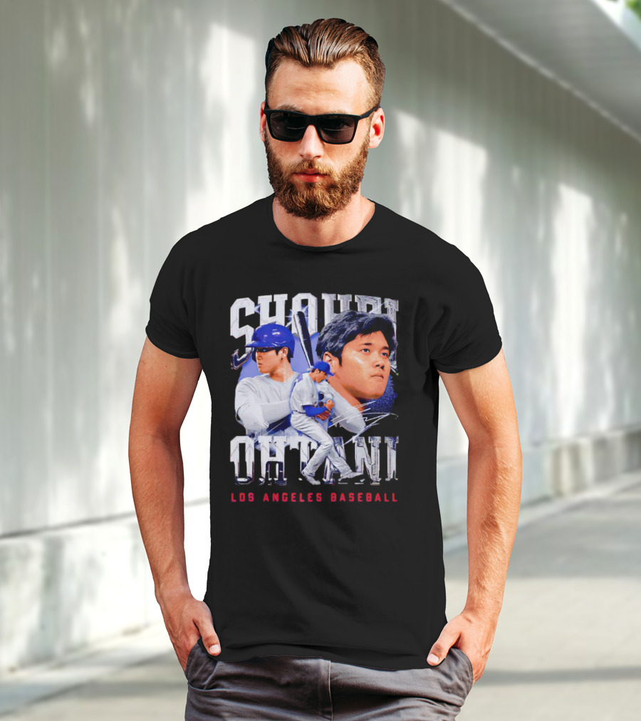 Shohei Ohtani Los Angeles Baseball Player Portrait And Action Scene T-Shirt