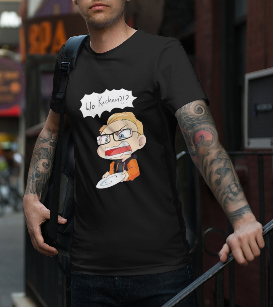 Wo Kuchen Cartoon Character With Glasses Holding A Plate T-Shirt