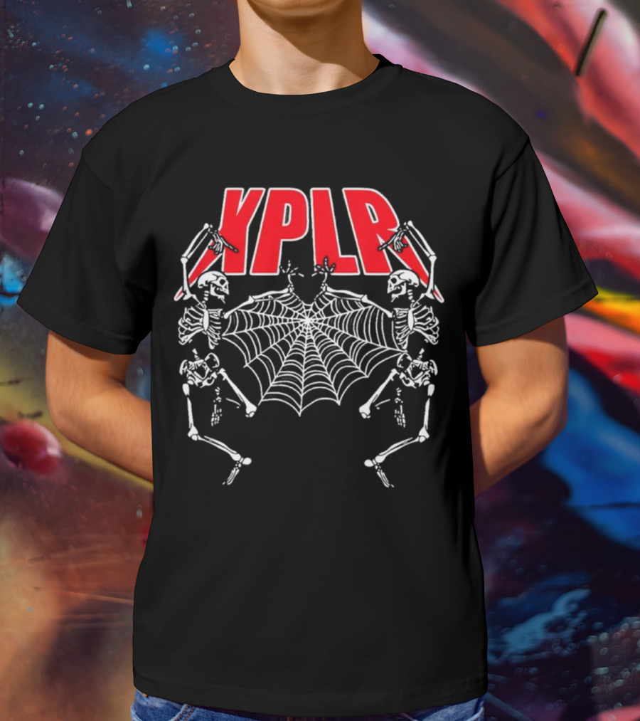 XPLR Skeletons With Holiday Web And Drumming Sticks T-Shirt