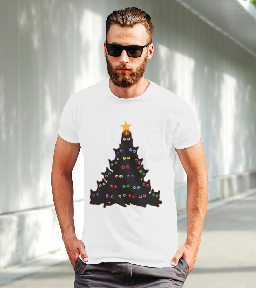 Cat Christmas Tree With Colorful Eyes And Star Top T-Shirt