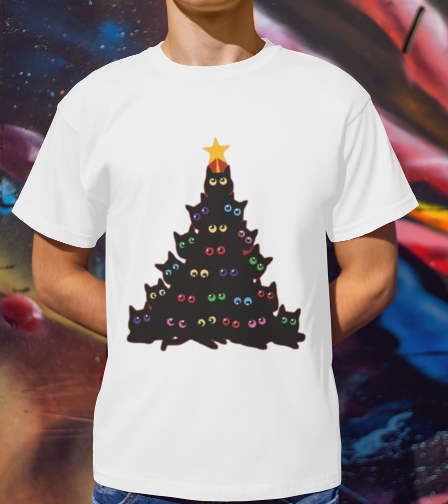 Cat Christmas Tree With Colorful Eyes And Star Top T-Shirt