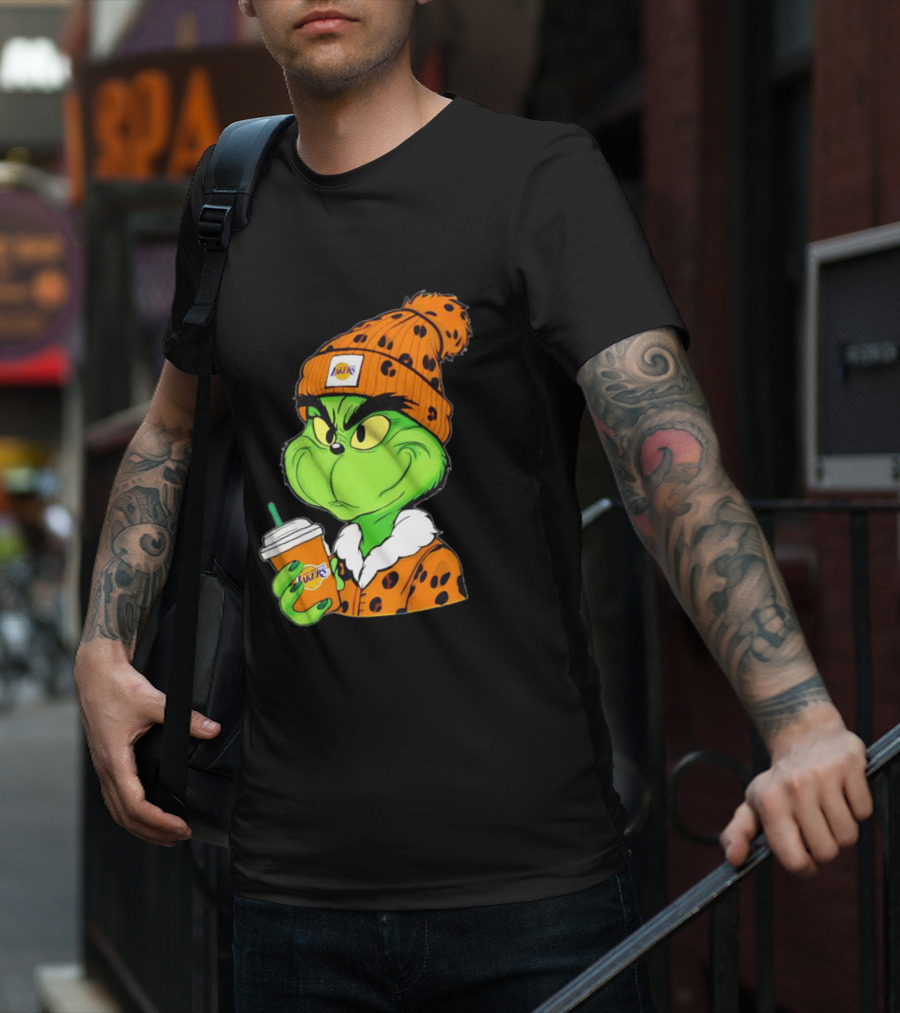 Grinch Drinking Los Angeles Lakers Cup Wearing Beanie T-Shirt
