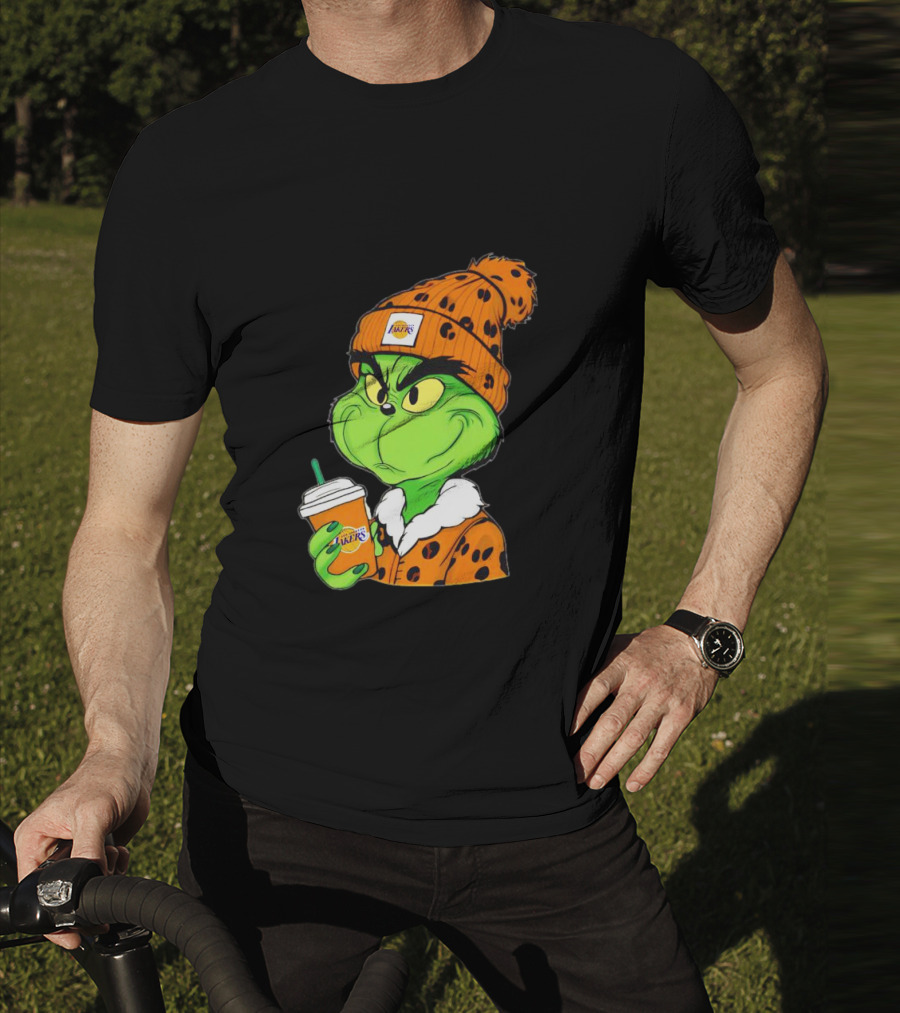 Grinch Drinking Los Angeles Lakers Cup Wearing Beanie T-Shirt