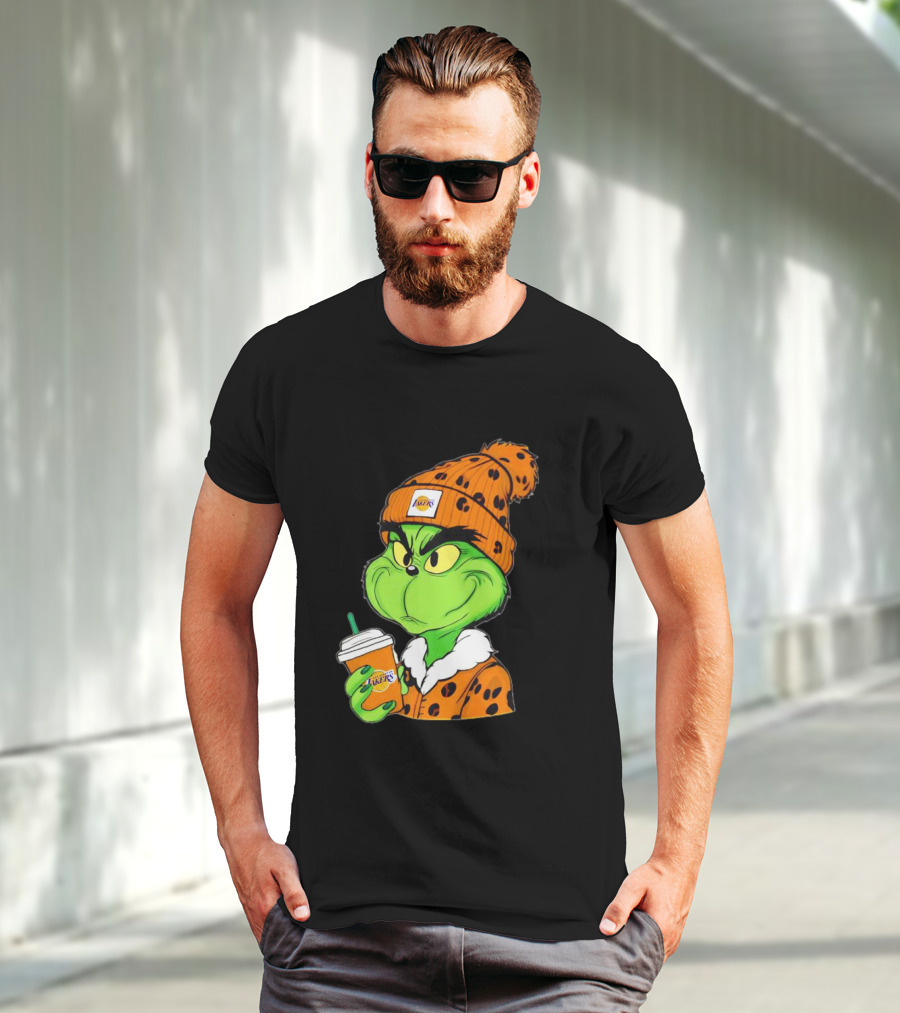 Grinch Drinking Los Angeles Lakers Cup Wearing Beanie T-Shirt
