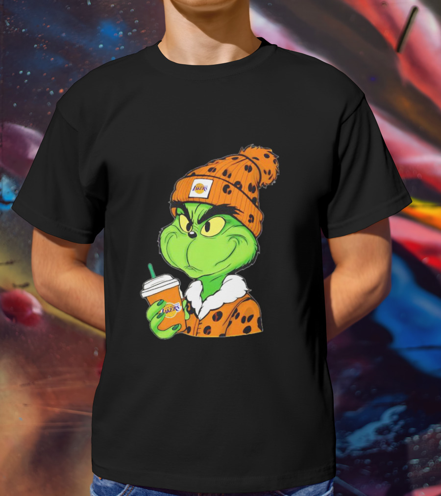 Grinch Drinking Los Angeles Lakers Cup Wearing Beanie T-Shirt