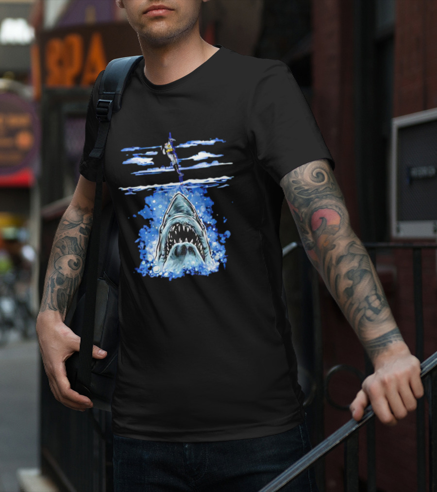Jaws Batman Shark Repellent Hanging Above Menacing Shark T-Shirt