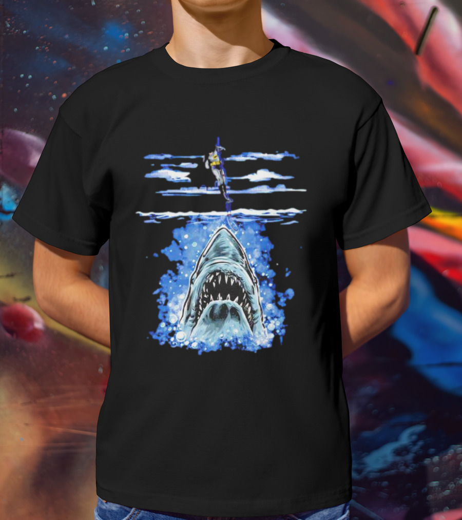 Jaws Batman Shark Repellent Hanging Above Menacing Shark T-Shirt