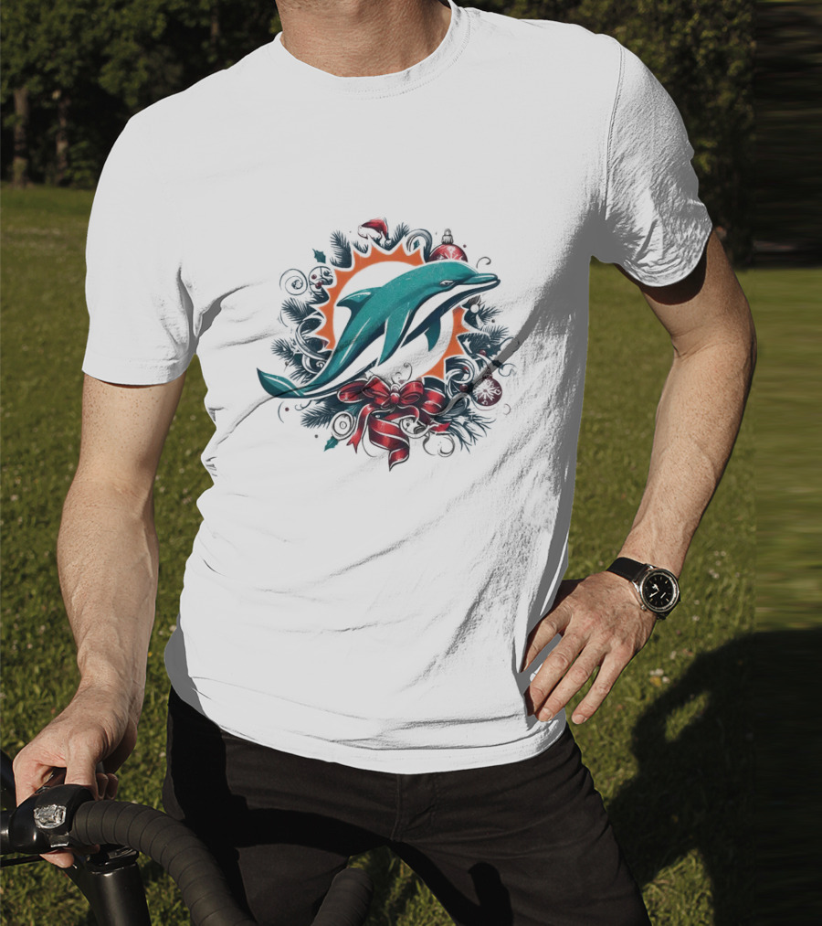 Miami Dolphins Holiday Wreath Christmas Ornament Bow T-Shirt