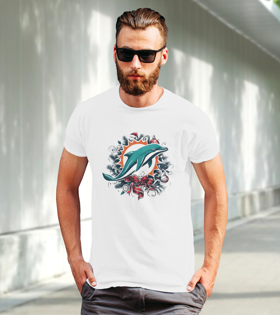 Miami Dolphins Holiday Wreath Christmas Ornament Bow T-Shirt