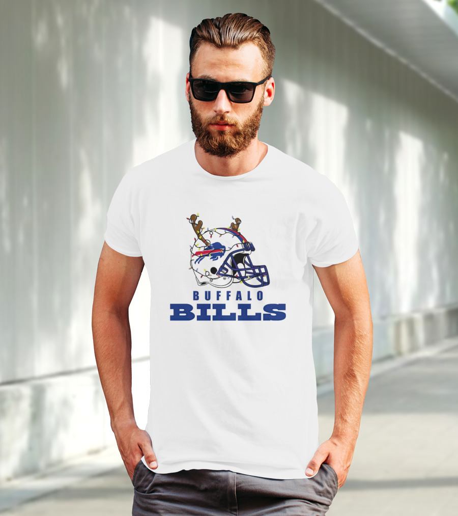 Buffalo Bills Helmet With Deer Antlers And Christmas Lights T-Shirt