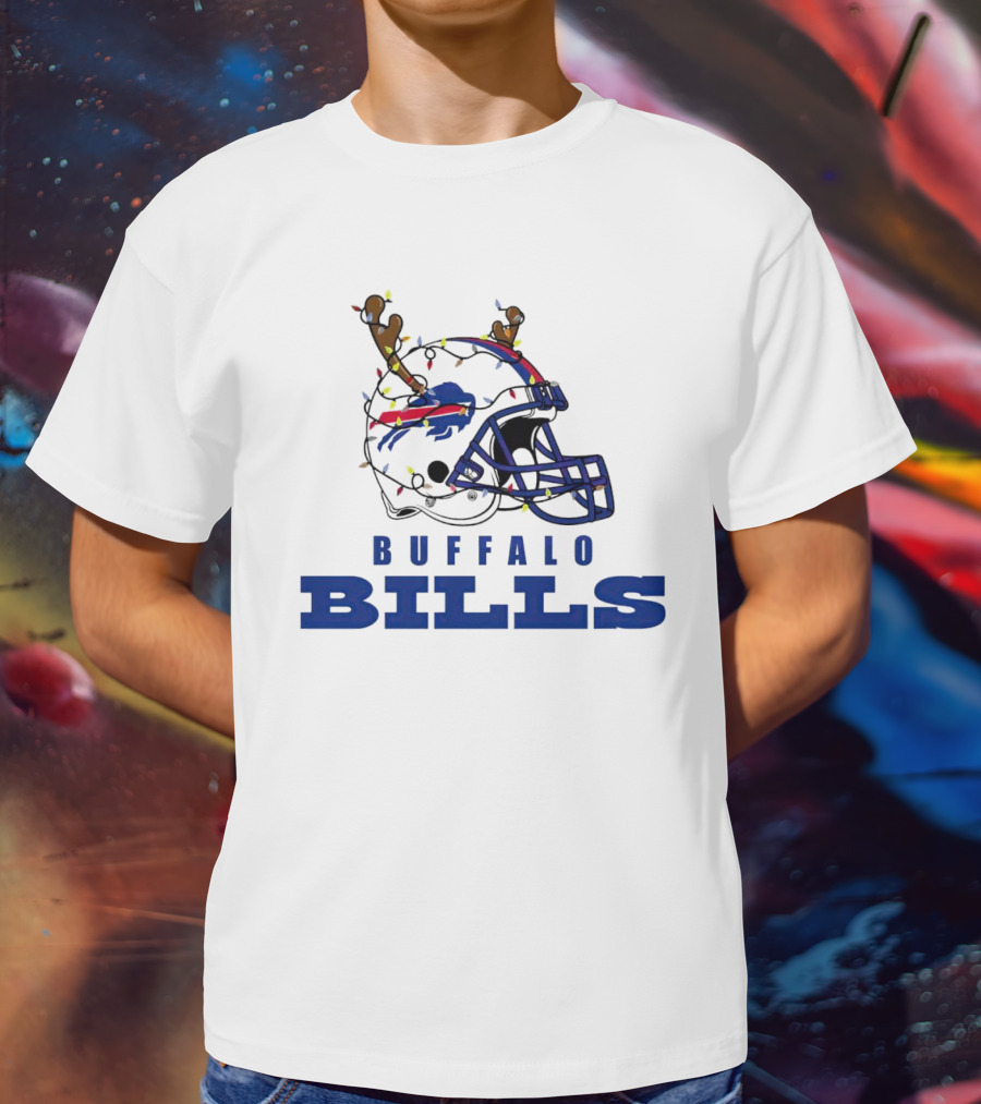 Buffalo Bills Helmet With Deer Antlers And Christmas Lights T-Shirt