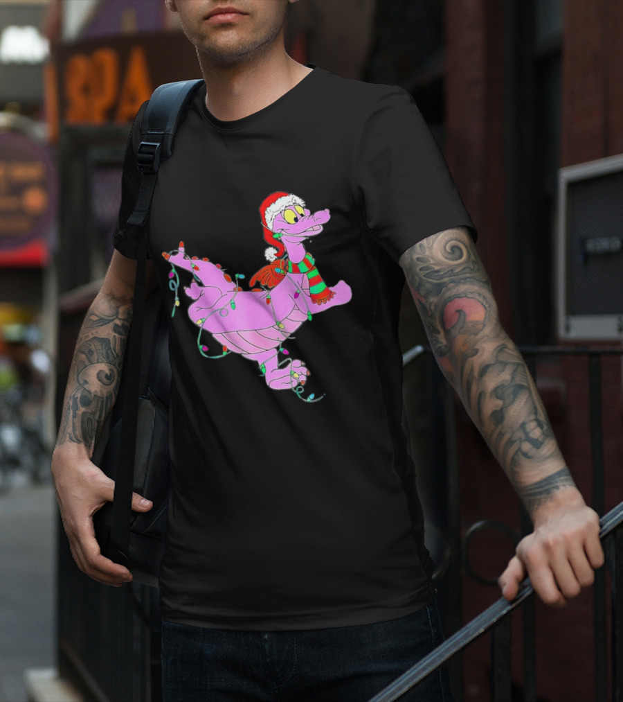 Dragon Figment In Santa Hat Wrapped In Christmas Lights T-Shirt