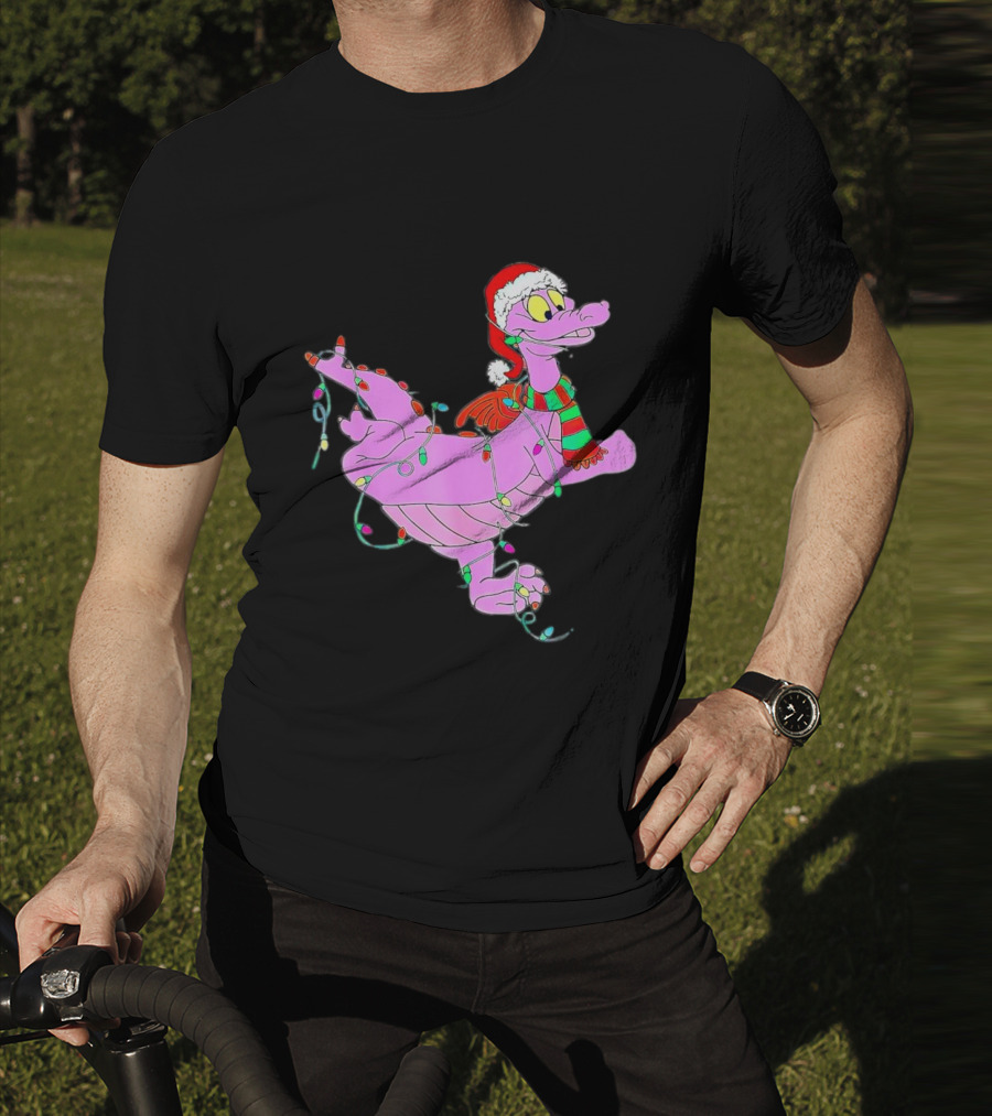 Dragon Figment In Santa Hat Wrapped In Christmas Lights T-Shirt