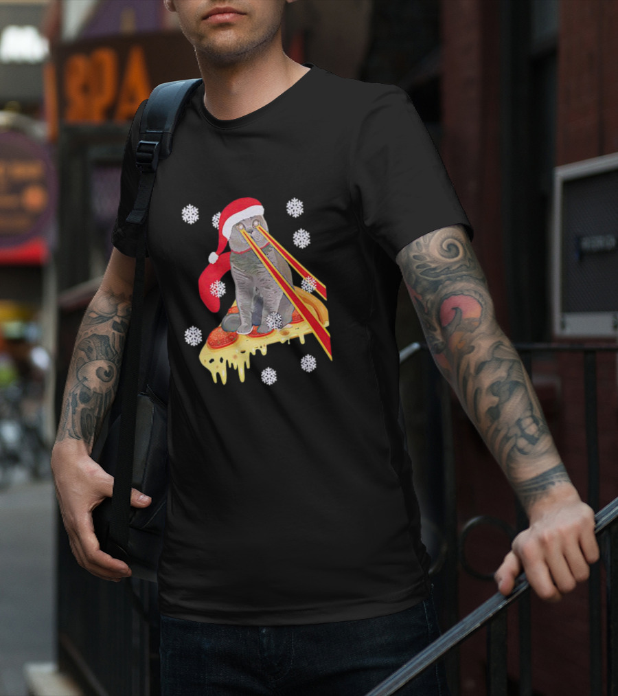 Santa Cat With Laser Eyes On Cheesy Pizza Snowflakes T-Shirt