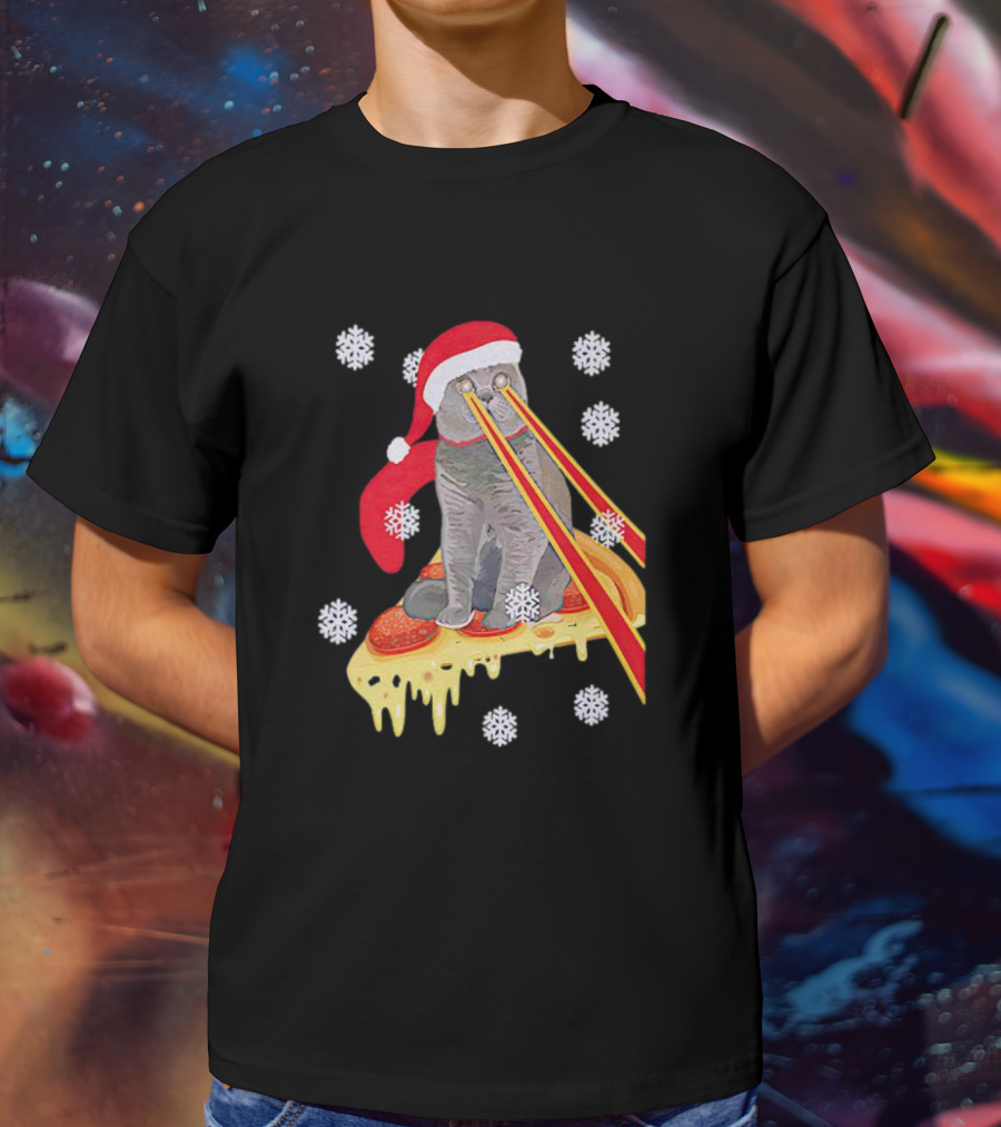Santa Cat With Laser Eyes On Cheesy Pizza Snowflakes T-Shirt