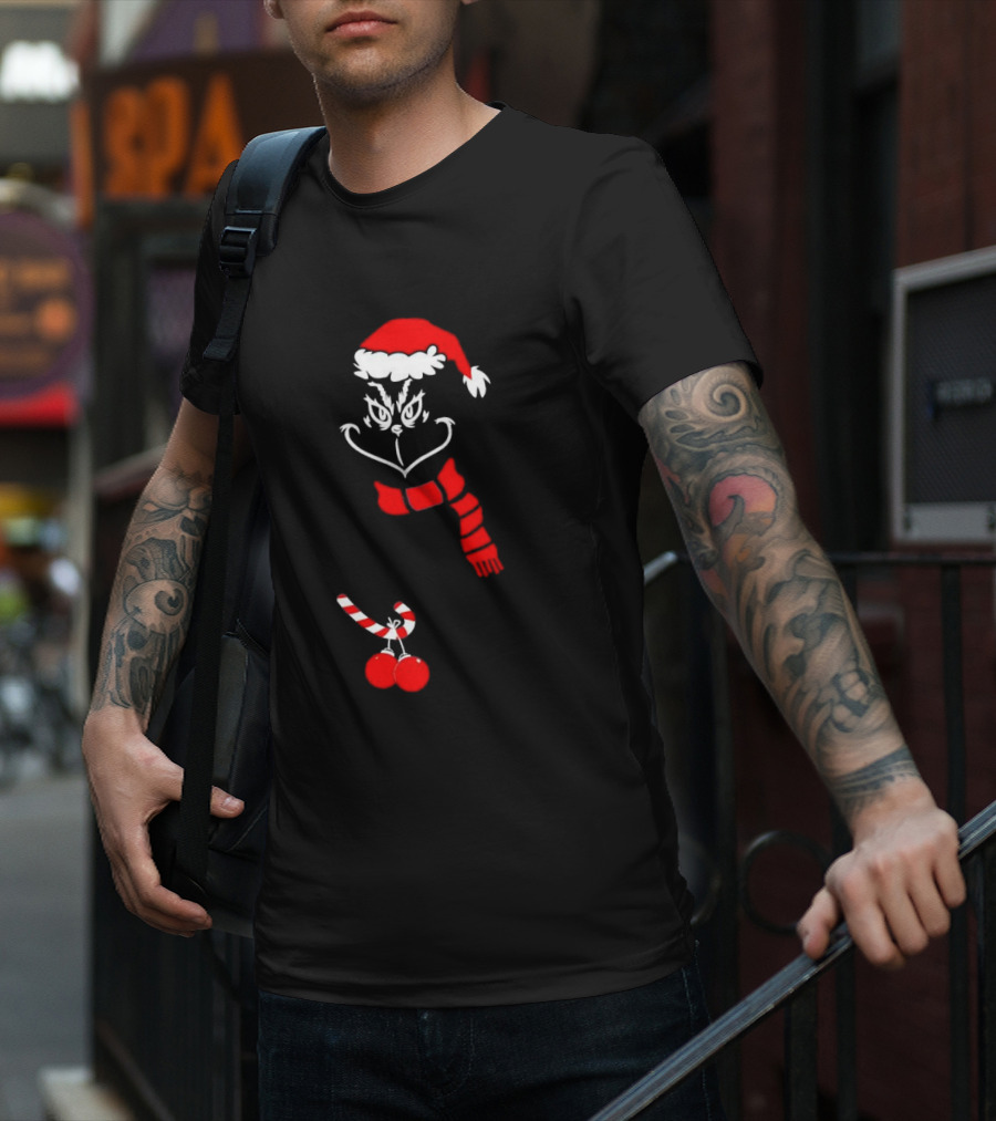 Grinch Santa Hat Scarf Candy Cane Christmas Balls T-Shirt