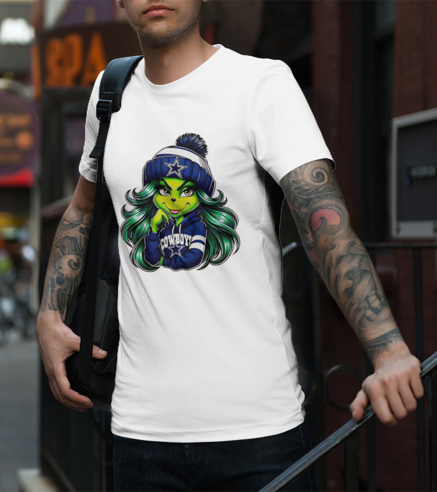 Grinch Girl In Dallas Cowboys Hat And Hoodie With Star T-Shirt