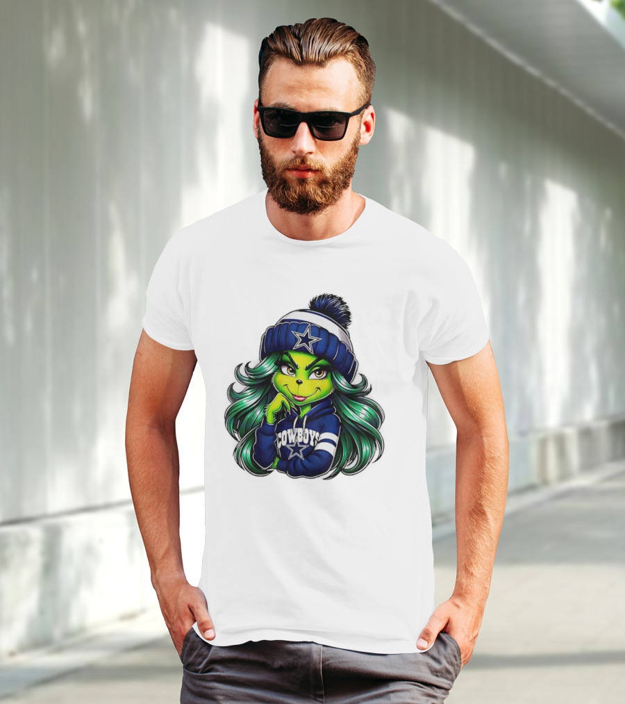 Grinch Girl In Dallas Cowboys Hat And Hoodie With Star T-Shirt