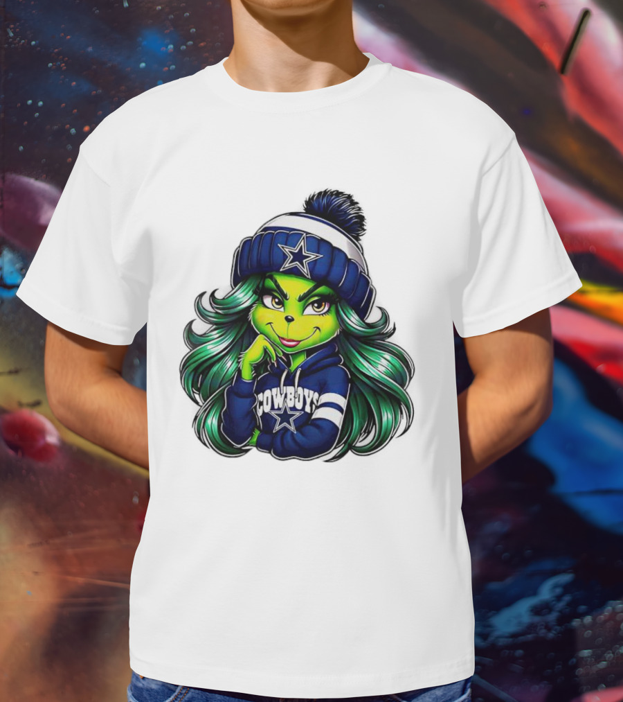 Grinch Girl In Dallas Cowboys Hat And Hoodie With Star T-Shirt