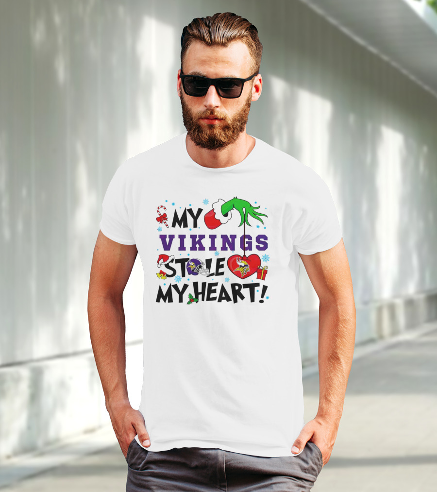 Grinch Hand Holding Heart My Vikings Stole My Heart Christmas T-Shirt