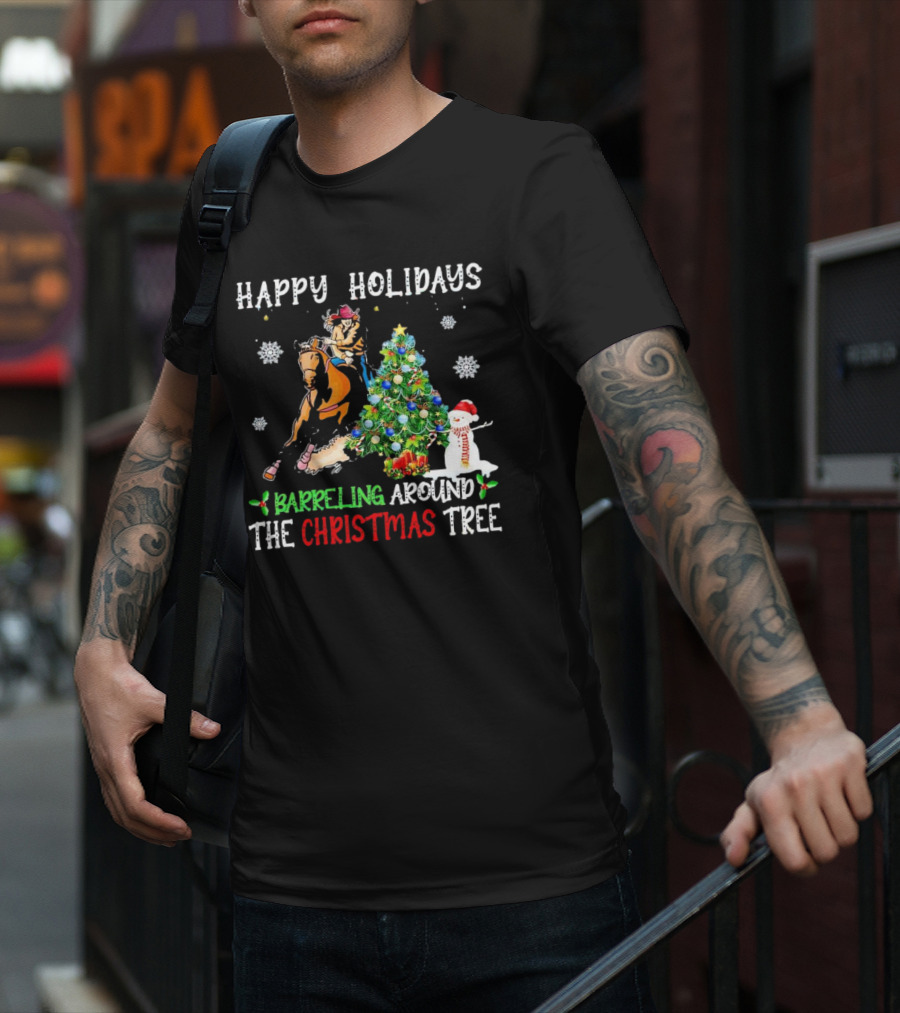 Happy Holidays Barreling Around The Christmas Tree With Cowboy And Snowman T-Shirt