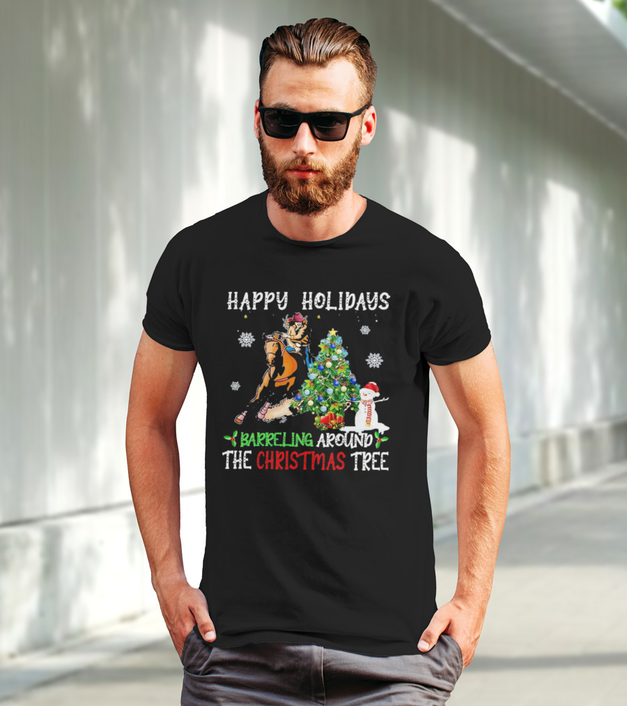 Happy Holidays Barreling Around The Christmas Tree With Cowboy And Snowman T-Shirt