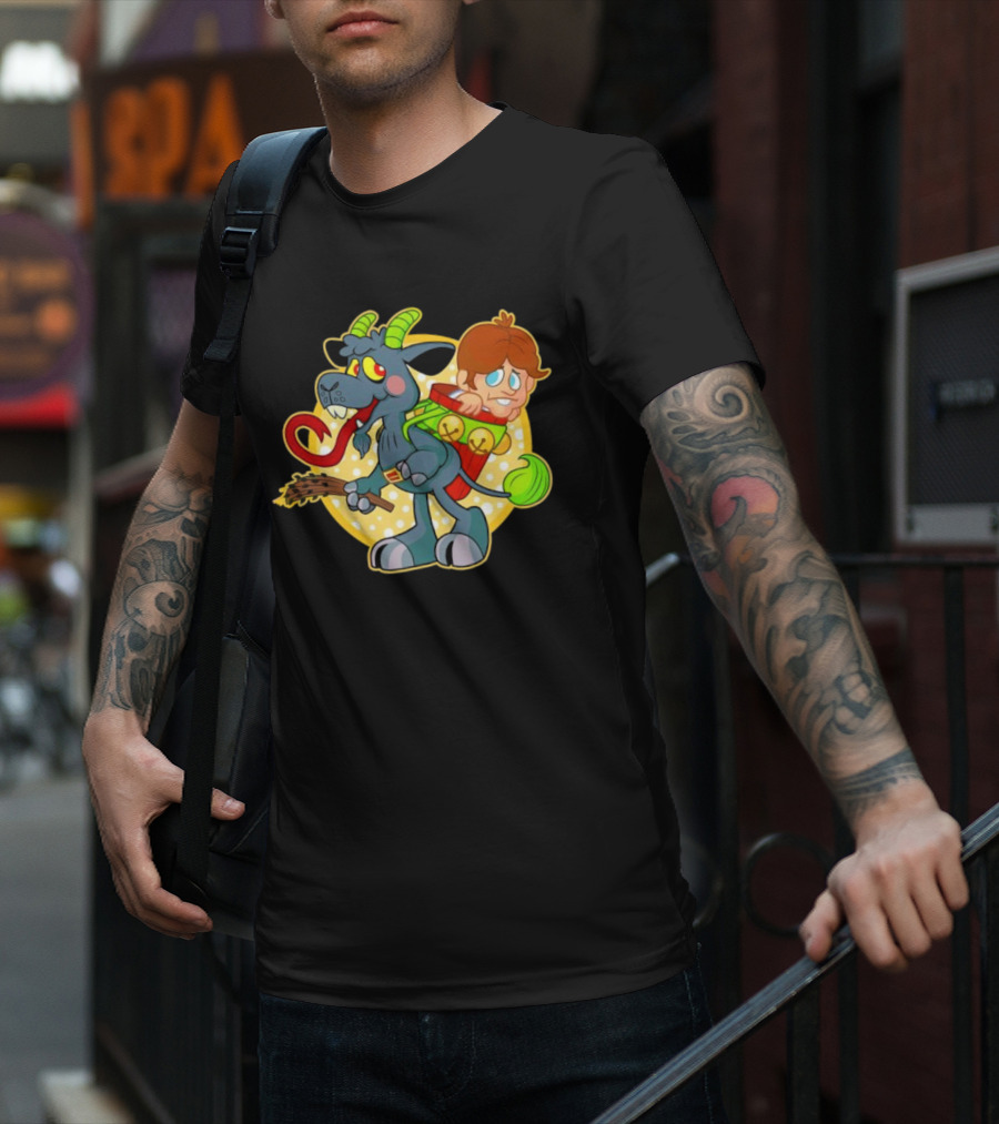 Krampus Rankin-Kramp Cartoon Goat With Red Backpack And Child T-Shirt