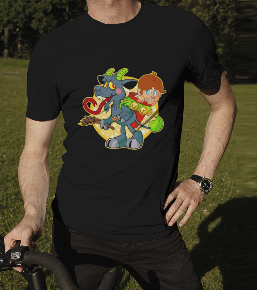 Krampus Rankin-Kramp Cartoon Goat With Red Backpack And Child T-Shirt
