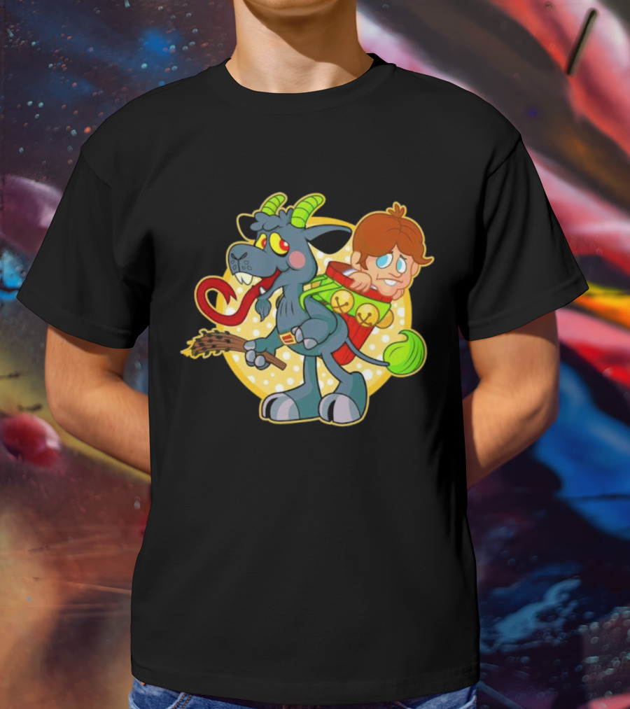 Krampus Rankin-Kramp Cartoon Goat With Red Backpack And Child T-Shirt