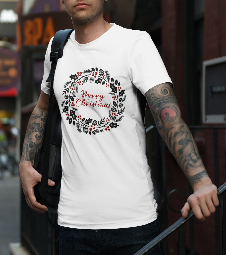 Merry Christmas Wreath With Pinecones And Holly T-Shirt