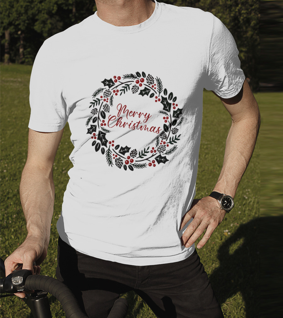 Merry Christmas Wreath With Pinecones And Holly T-Shirt