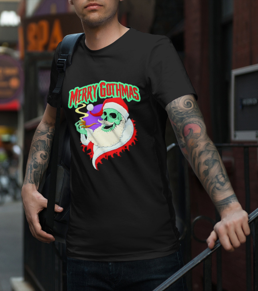 Merry Gothmas Skull Santa Smoking Holiday Greeting T-Shirt