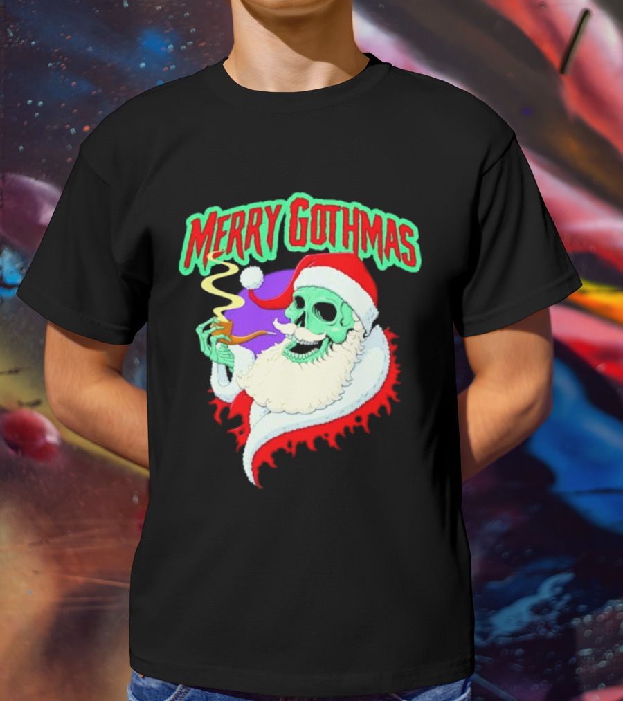 Merry Gothmas Skull Santa Smoking Holiday Greeting T-Shirt