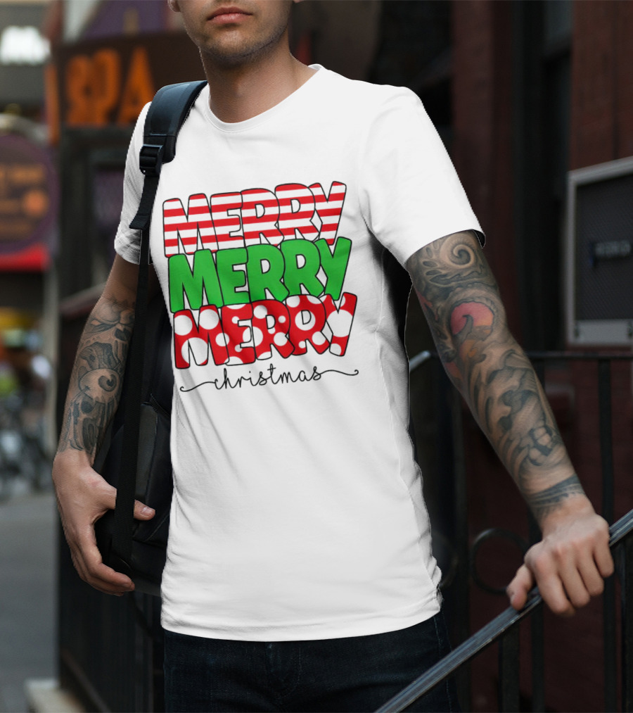 Merry Merry Merry Christmas Stripes And Polka Dots T-Shirt