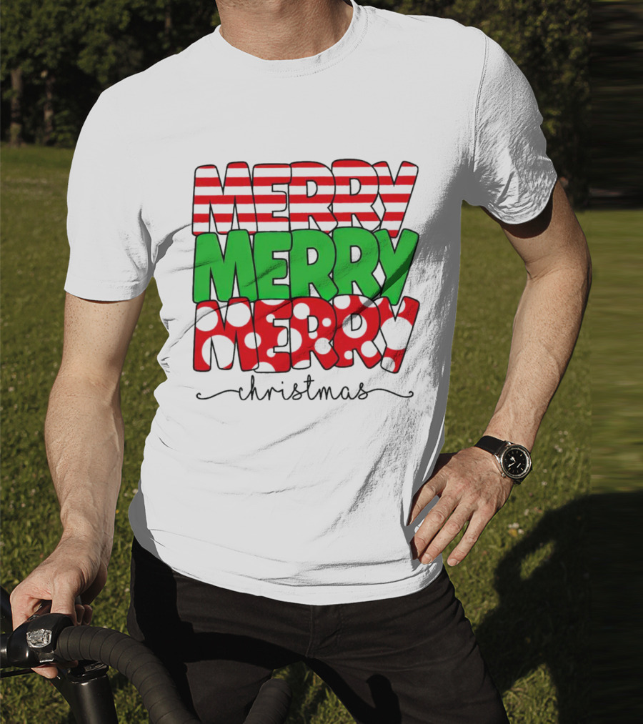 Merry Merry Merry Christmas Stripes And Polka Dots T-Shirt