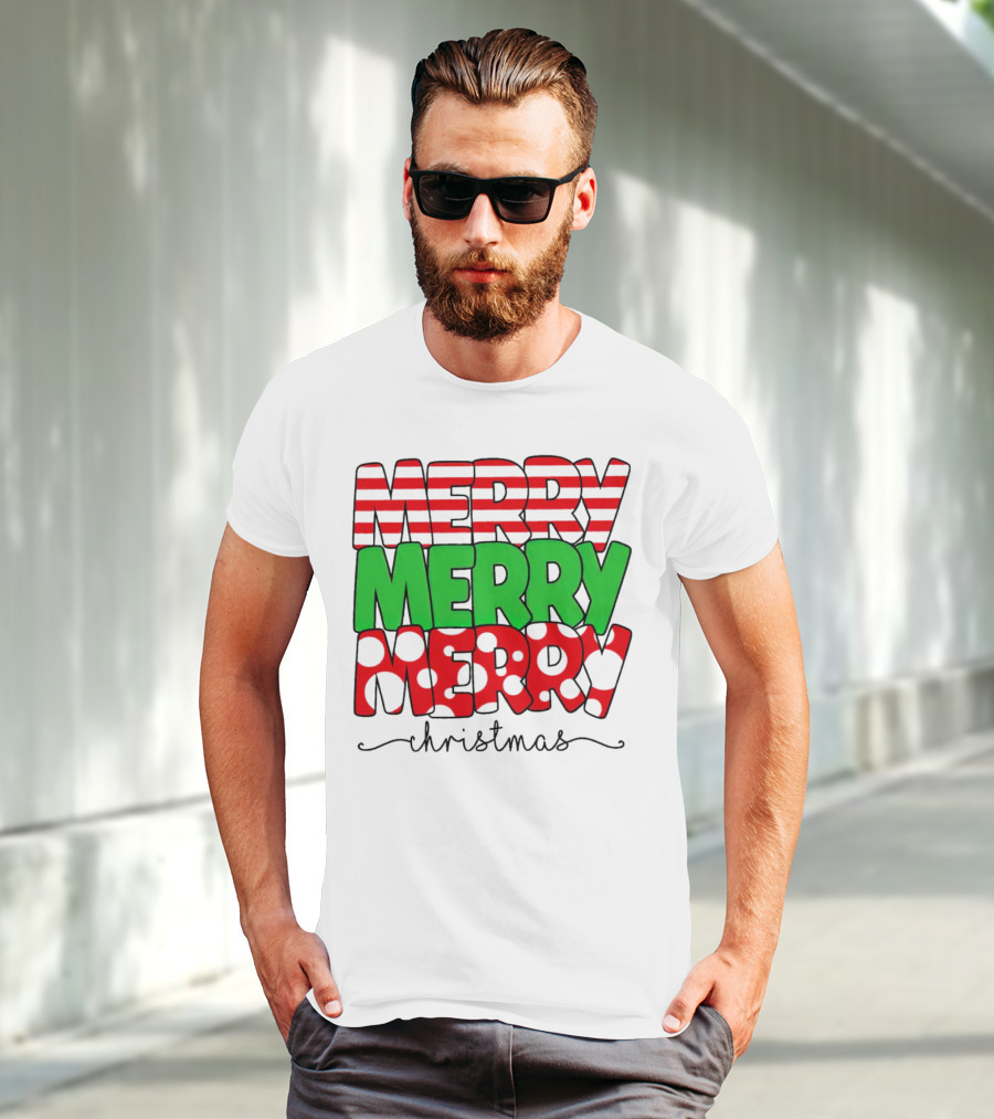 Merry Merry Merry Christmas Stripes And Polka Dots T-Shirt