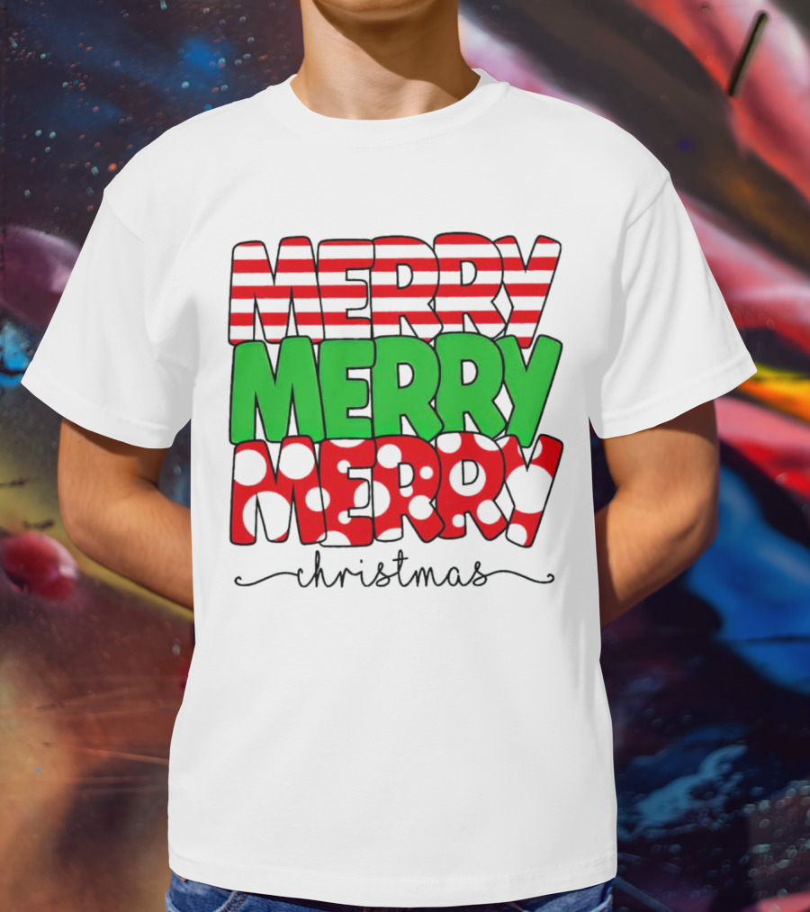 Merry Merry Merry Christmas Stripes And Polka Dots T-Shirt