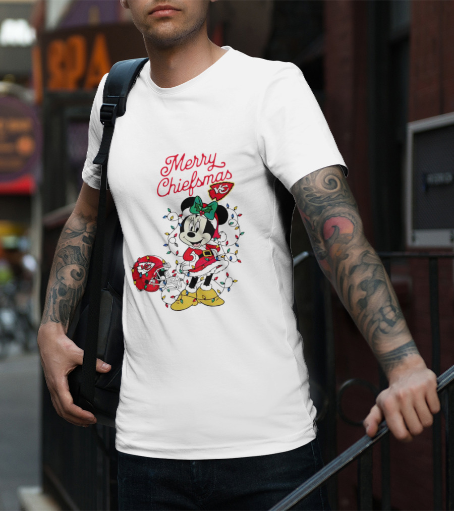 Merry Chiefsmas Minnie Mouse Kansas City Football Christmas Lights Helmet T-Shirt