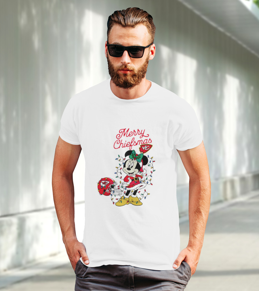 Merry Chiefsmas Minnie Mouse Kansas City Football Christmas Lights Helmet T-Shirt