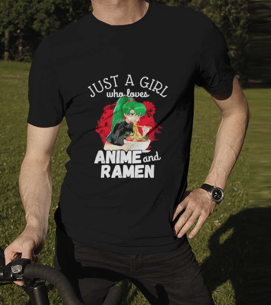 Just A Girl Who Loves Anime And Ramen Green-Haired Character Eating Noodles T-Shirt
