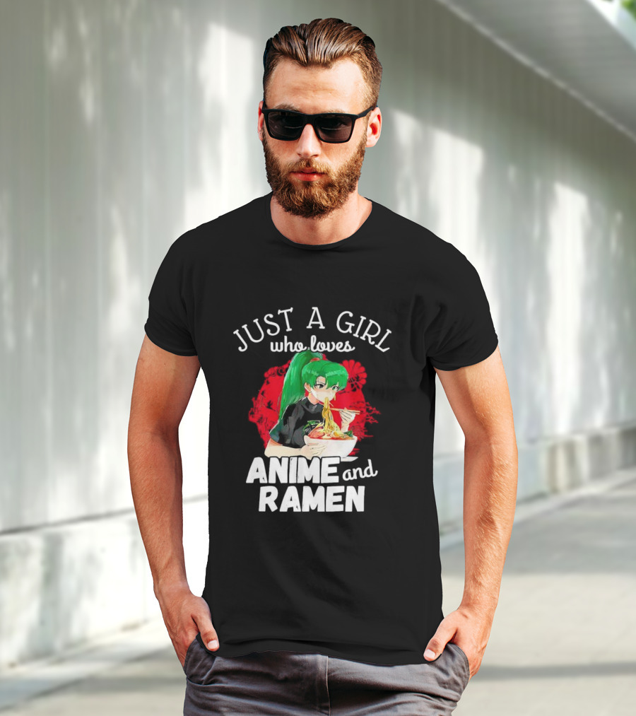 Just A Girl Who Loves Anime And Ramen Green-Haired Character Eating Noodles T-Shirt