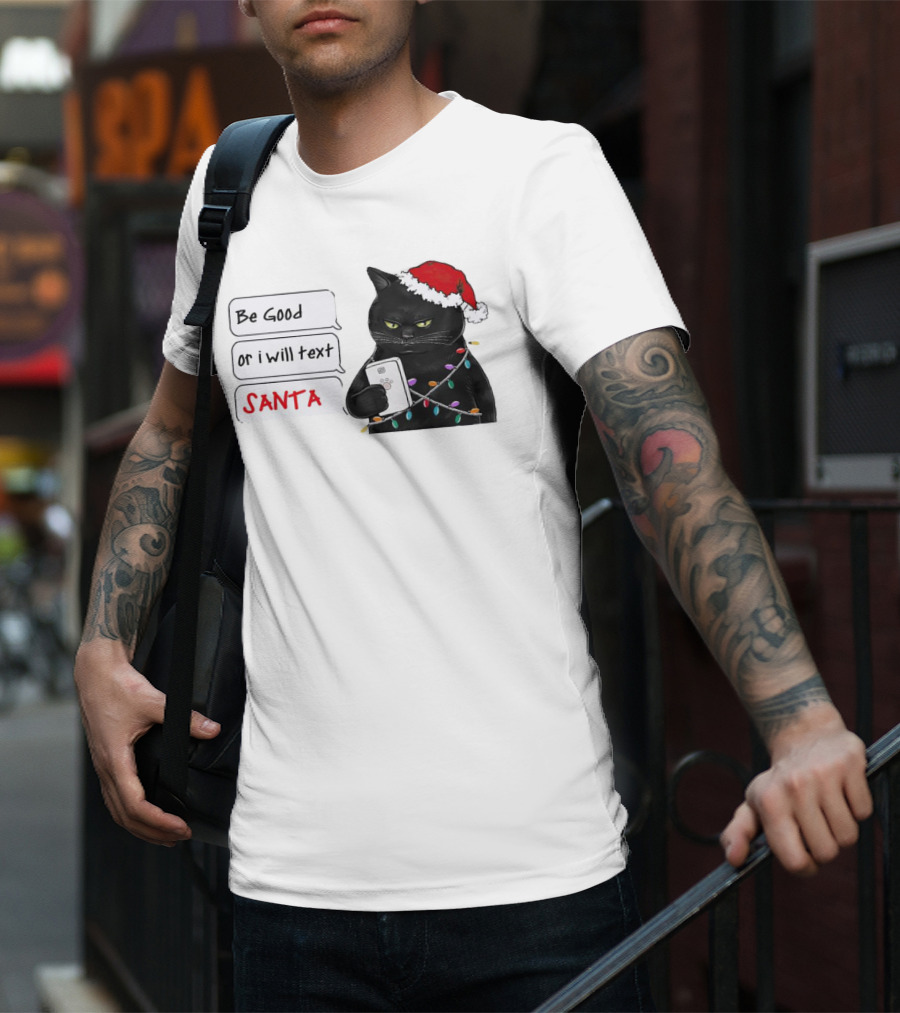 Black Cat Be Good Or I Will Text Santa Christmas Lights Hat T-Shirt