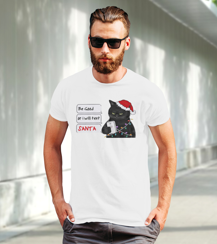 Black Cat Be Good Or I Will Text Santa Christmas Lights Hat T-Shirt