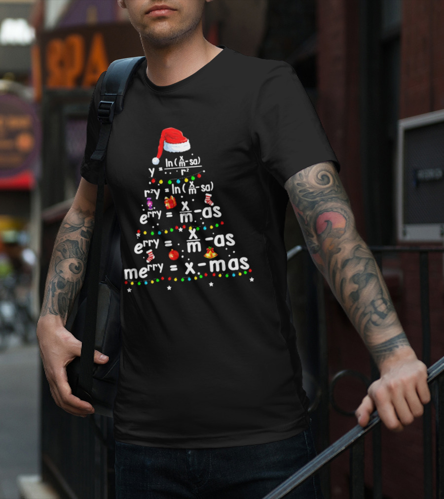 Merry Christmas Tree Math Equations In Santa Hat Form With Holiday Icons T-Shirt