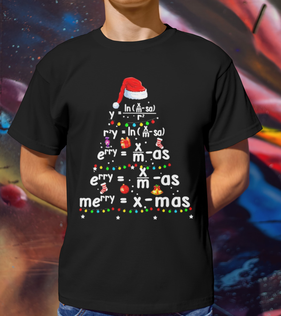 Merry Christmas Tree Math Equations In Santa Hat Form With Holiday Icons T-Shirt