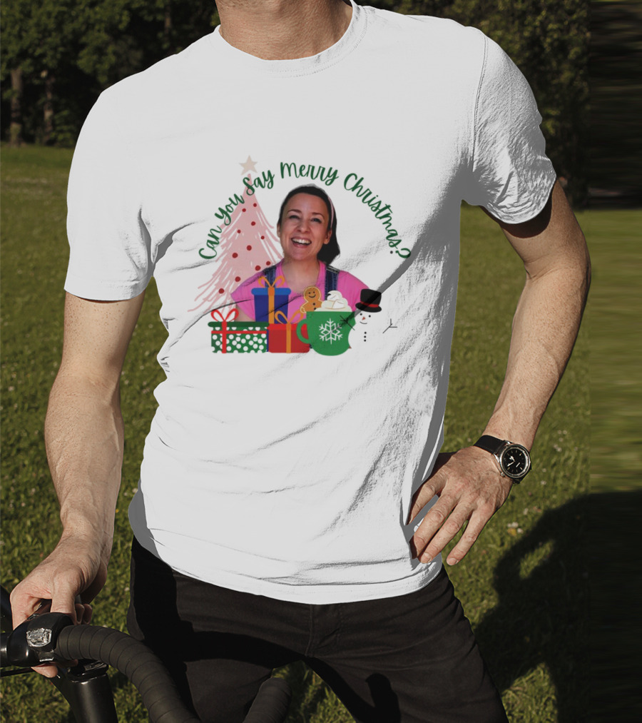 Miss Rachel Can You Say Merry Christmas Joyful Scene With Tree And Gifts T-Shirt